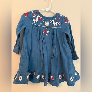 Baby Boden Blue Embroidered Llama Dress with Red and White Accents